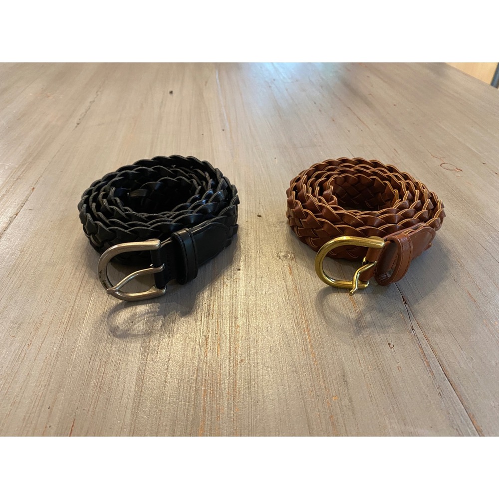 Set of 2 Braided Woven Belts Black and Brown Faux Leather Adjustable 51 Inch